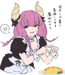  1girl ? absurdres apron atenaba aura_(sousou_no_frieren) aura_bullying_(meme) black_bow black_dress black_eyes bow commentary_request dress fang finger_heart food highres horn_bow horn_ornament horns long_hair maid_apron meme omelet omurice parted_lips pink_hair puffy_short_sleeves puffy_sleeves short_sleeves simple_background skin_fang solo sousou_no_frieren spoken_question_mark sweatdrop tomato translation_request twintails upper_body white_apron white_background 