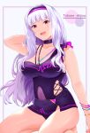  1girl :d arm_behind_head bare_shoulders bracelet breasts character_name cleavage covered_navel grey_hair hairband hanamasa_ono highres idolmaster idolmaster_(classic) jewelry large_breasts long_hair looking_at_viewer open_mouth purple_eyes see-through shijou_takane simple_background smile solo swimsuit 