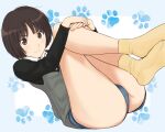  1girl amagami ass black_shirt blue_panties bob_cut brown_eyes brown_hair closed_mouth grey_sweater_vest hugging_own_legs long_sleeves looking_at_viewer panties shirt short_hair socks solo sweater_vest tachibana_miya takemi_kaoru thighs underwear yellow_socks 