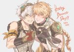  2boys aether_(genshin_impact) ahjojing ahoge arm_around_back armband bandaid bandaid_on_face bandaid_on_nose bennett_(genshin_impact) blonde_hair braid cheek-to-cheek closed_mouth dated earrings genshin_impact gloves goggles goggles_on_head green_eyes grey_hair grin hair_between_eyes half-heart_hands hand_on_another&#039;s_shoulder heads_together heart_hands_failure jewelry leaning_forward long_hair looking_at_viewer male_focus multiple_boys one_eye_closed short_hair side-by-side single_braid smile tassel tassel_earrings thumbs_up upper_body very_long_hair yellow_eyes 
