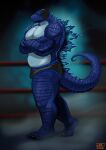 anthro big_pecs blue_body bulge crassir dragon fighting_ring godzilla_(series) hi_res kaiju lizard male mask musclegut muscular muscular_anthro muscular_male mythological_creature mythological_scalie mythology pecs reptile scalie solo sports_mask sportswear toho wrestler wrestling wrestling_mask wrestling_outfit