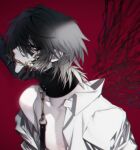  absurdres black_hair collar collarbone den_(xxxswampmanxxx) highres leash red_background red_nails shirt slow_damage thorns towa_(slow_damage) white_shirt 