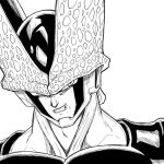  1boy cell_(dragon_ball) clenched_teeth dragon_ball dragon_ball_z monochrome muscular muscular_male perfect_cell serious simple_background taaa teeth white_background 