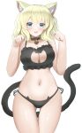 1girl alternate_costume animal_ears bell black_bra black_panties blonde_hair blue_eyes bra breasts cat_cutout cat_ear_panties cat_ears cat_lingerie cat_tail cleavage_cutout clothing_cutout colorado_(kancolle) cowboy_shot frilled_bra frills highres jingle_bell kantai_collection large_breasts meme_attire navel neck_bell panties paw_pose redundant-cat short_hair side-tie_panties simple_background solo standing tail underwear underwear_only white_background 