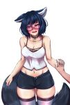  1girl animal_ears black_choker black_hair black_shorts blue_nails blush breasts camisole choker cleavage collarbone crescent_choker glasses highres holding_hands indie_virtual_youtuber interlocked_fingers navel open_fly open_mouth purple_eyes raccoon_ears raccoon_girl raccoon_tail second-party_source short_hair shorts skindentation solo sparkling_eyes tail tatutaniyuuto thighhighs white_camisole white_thighhighs yozora_aoi 