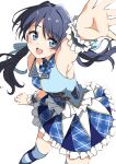  1girl armpits blue_eyes blue_hair blue_jacket blue_thighhighs blush collarbone commentary_request djpwjd1 frilled_skirt frills highres jacket link!_like!_love_live! long_hair looking_at_viewer love_live! murano_sayaka open_mouth plaid plaid_jacket plaid_skirt skirt sleeveless sleeveless_jacket solo striped_clothes striped_thighhighs thighhighs twintails upper_body white_background wrist_cuffs 