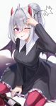  1girl ;p absurdres ahoge alcohol arch_a4 black_dress blush breasts collar demon_girl demon_horns demon_wings dress frilled_dress frills grey_hair hair_intakes highres horns ine_(vtuber) large_breasts long_hair long_sleeves looking_at_viewer one_eye_closed pantyhose ponytail purple_wings red_horns red_pantyhose sitting solo spill tongue tongue_out virtual_youtuber waktaverse wariza white_collar wine wings 