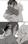  2girls absurdres after_kiss ahoge arms_around_neck blush commentary_request drooling ear_blush eye_contact french_kiss greyscale gundam gundam_suisei_no_majo hairband hand_on_another&#039;s_shoulder highres hug kiss korean_commentary long_hair long_sleeves looking_at_another miorine_rembran monochrome multiple_girls neck_blush saliva saliva_trail snapagi suletta_mercury sweat thick_eyebrows tongue tongue_out upper_body yuri 