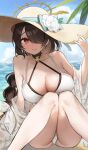  absurdres beach black_hair blue_archive braid breasts cross cross_earrings earrings hair_over_one_eye halo halterneck hand_on_headwear hat highres hinata_(blue_archive) hinata_(swimsuit)_(blue_archive) jewelry large_breasts leaning_to_the_side light_smile looking_at_viewer omaru_(0marufestival) one-piece_swimsuit red_eyes single_braid sitting sun_hat swimsuit 