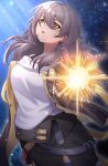  1girl absurdres bare_shoulders bra_strap brown_hair brown_jacket floating_hair hair_between_eyes hand_up highres honkai:_star_rail honkai_(series) imminent_fight incoming_attack jacket kirima_(user_danf8787) light_particles light_rays long_hair looking_at_viewer messy_hair multicolored_clothes multicolored_jacket open_mouth pencil_skirt shirt shirt_tucked_in skirt sleeveless sleeveless_shirt space star_(sky) stelle_(honkai:_star_rail) trailblazer_(honkai:_star_rail) two-tone_jacket white_shirt yellow_eyes yellow_jacket 