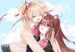  2girls :3 :d ^_^ ahoge animal_ear_fluff animal_ears bell black_jacket blonde_hair blue_sky bow brown_hair cat_ears closed_eyes collared_shirt commentary day eyelashes eyes_visible_through_hair facing_another friends hair_bell hair_between_eyes hair_ornament hair_ribbon happy highres hug hug_from_behind jacket jingle_bell kamikita_komari little_busters! little_busters!_school_uniform long_hair long_ribbon looking_at_another multiple_girls natsume_rin open_mouth outdoors pink_bow ponytail red_eyes red_ribbon ribbon school_uniform shirt short_hair sidelocks sky smile star_(symbol) star_hair_ornament sweater tree99120 two_side_up upper_body white_ribbon white_shirt yellow_sweater 