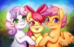  2018 apple_bloom_(mlp) blush cloud cute cutie_mark_crusaders_(mlp) earth_pony equine eyelashes feathered_wings feathers female feral friendship_is_magic green_eyes grin group hair hair_bow hair_ribbon happy hooves horn horse looking_at_viewer mammal multicolored_hair my_little_pony nude open_mouth open_smile orange_feathers outside pegasus pink_hair plant pony portrait purple_eyes purple_hair red_eyes red_hair ribbons scootaloo_(mlp) short_hair shrub signature sky smile starsheepsweaters sweetie_belle_(mlp) teeth tongue two_tone_hair unicorn wings young 