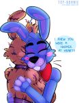  2018 animatronic bow_tie digital_media_(artwork) eyes_closed five_nights_at_freddy&#039;s five_nights_at_freddy&#039;s_2 five_nights_at_freddy&#039;s_3 hug lagomorph machine mammal rabbit robot springtrap_(fnaf) toy-bonnie toy_bonnie_(fnaf) video_games 