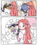  &gt;_&lt; 1girl 6+others :d absurdres arcade_cabinet black_gloves blue_archive blue_eyes blush bow braid coat commentary_request embarrassed forehead gloves hair_bow hair_ribbon halo highres hood hooded_coat long_hair long_sleeves looking_at_viewer maimai_(game) multiple_others parted_bangs playing_games red_hair ribbon school_uniform sidelocks single_braid smile solo_focus spoken_expression sweatdrop tearing_up white_coat wjddn xd yuzu_(blue_archive) 