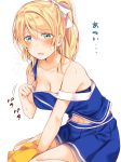  ayase_eli between_legs blonde_hair blue_eyes blue_skirt blue_tank_top blush breasts cheerleader cleavage collar_tug collarbone commentary_request eyebrows_visible_through_hair hair_between_eyes hair_ribbon hand_between_legs heavy_breathing love_live! love_live!_school_idol_project medium_breasts miniskirt mogu_(au1127) navel open_mouth partially_translated pom_poms ponytail ribbon sidelocks sitting skirt solo strap_slip sweat tank_top translation_request white_background white_ribbon 