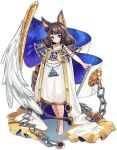  1girl animal_ear_fluff animal_ears ankh ark_order barefoot blue_eyes brown_hair cane cape chain choker constellation_print dress ear_piercing eye_of_horus feathered_wings feathers fox_ears full_body gold_trim hair_tubes jewelry lion_tail long_hair looking_at_viewer mao_ren_tv_xiao_z official_art piercing pillar short_eyebrows sidelocks single_wing solo sphinx_(ark_order) tachi-e tail transparent_background two-sided_cape two-sided_fabric white_cape white_dress white_feathers white_wings wings 