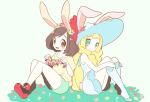  2girls animal_ears beanie black_hair blonde_hair chorimokki closed_mouth fake_animal_ears fake_tail flower full_body hat hat_flower lillie_(pokemon) long_hair looking_at_viewer multiple_girls open_mouth pokemon pokemon_sm rabbit_ears rabbit_tail selene_(pokemon) smile tail 