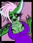  2018 anthro big_breasts black_lips breasts clothing dress feline female fur green_fur hair huge_eyelashes hybrid kangaroo large_eyelashes large_fingernails looking_at_viewer mammal marsupial mohawk petrabyte_incast pink_hair puffy_lips serval smile tattoo vrabo 