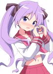  1girl :d absurdres aikawa_ryou blush bow brown_bow collarbone commentary_request flying_sweatdrops hair_bow hands_up heart heart_hands highres hiiragi_kagami long_hair long_sleeves looking_at_viewer lucky_star navel nose_blush pleated_skirt purple_eyes purple_hair red_sailor_collar red_skirt sailor_collar school_uniform serafuku shirt simple_background skirt small_sweatdrop smile solo sweat twintails very_long_hair wavy_mouth white_background white_shirt 