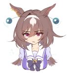  1girl animal_ears antennae bow ear_ornament fake_antennae hair_between_eyes hairband highres horse_ears horse_girl long_hair looking_at_viewer mmm_(mmm623) multicolored_hair open_mouth puffy_short_sleeves puffy_sleeves purple_bow purple_shirt red_eyes sailor_collar school_uniform shirt short_sleeves simple_background sirius_symboli_(umamusume) solo streaked_hair summer_uniform tracen_school_uniform umamusume very_long_hair white_background white_hair 