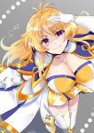  1girl blonde_hair blue_capelet blush breasts capelet cleavage closed_mouth commentary_request cross dated dress from_above full_body garter_straps gloves gold_trim grey_background hair_between_eyes highres jumping large_breasts long_hair looking_at_viewer medium_bangs moko_(gumaguma_m) purple_eyes ragnarok_masters ragnarok_online saint_(ragnarok_masters) shaded_face shoes short_dress smile solo thighhighs white_dress white_gloves white_thighhighs yellow_footwear 