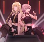  2girls absurdres aoki_shizumi belt black_choker black_gloves black_nails black_pants black_pantyhose black_skirt blonde_hair brown_hair choker closed_mouth commentary d4dj fingerless_gloves gloves highres holding holding_microphone lace lace_gloves looking_at_viewer microphone midriff multiple_girls neo_(d4dj) open_mouth pants pantyhose purple_eyes red_eyes sitting skirt spotlight weronika_(d4dj) 