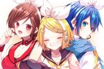  1boy 2girls black_sailor_collar blonde_hair blue_eyes blue_hair blue_scarf blush breasts brown_hair closed_eyes closed_mouth crop_top earpiece hair_ribbon headphones kagamine_rin kaho_0102 kaito_(vocaloid) long_sleeves looking_at_viewer looking_back medium_breasts meiko_(vocaloid) multiple_girls number_tattoo open_mouth red_eyes red_nails red_shirt ribbon sailor_collar scarf shirt short_hair sleeveless tattoo vocaloid white_ribbon white_shirt yellow_nails 