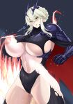  1girl absurdres artoria_pendragon_(fate) artoria_pendragon_(lancer_alter)_(fate) braid breast_slip breasts cape clothing_request commission fate/grand_order fate_(series) gauntlets grey_hair highres large_breasts medium_hair navel nipples no_bra pixiv_commission shoulder_pads sidelocks signature solo standing sweat torn_clothes uchujin_416 underboob yellow_eyes 