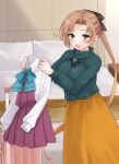  1girl akigumo_(kancolle) aqua_bow bed bow brown_hair collared_shirt cowboy_shot dress dress_shirt green_eyes green_sweater hair_ribbon highres holding holding_clothes kantai_collection long_hair long_shirt mole mole_under_eye official_alternate_costume orange_skirt pleated_dress purple_dress ribbon saburou_03 shirt skirt smile solo sweater white_shirt 