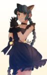  1girl animal_ears bell black_dress black_gloves black_ribbon blue_eyes blue_hair braid cat_ears cat_girl closed_mouth dress gloves highres jewelry jingle_bell marinette_dupain-cheng miraculous_ladybug necklace remurie ribbon simple_background single_braid smile solo white_background 