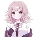  1girl black_jacket black_shirt blush collared_shirt danganronpa_(series) danganronpa_2:_goodbye_despair dress_shirt galaga hair_ornament hand_up highres jacket medium_hair nanami_chiaki neck_ribbon off_shoulder pink_eyes pink_hair pink_ribbon ribbon ringo_ame_no_ria shirt solo teeth white_shirt 