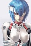  ayanami_rei bandage_over_one_eye bandages bangs banned_artist blue_hair bodysuit bracer breasts breasts_apart commentary covered_nipples english_commentary eyelashes gloves grey_background hands_up highres holding_arm impossible_bodysuit impossible_clothes lips looking_at_viewer medium_breasts neon_genesis_evangelion nose number pale_skin pilot_suit plugsuit realistic red_eyes revision short_hair simple_background skin_tight small_breasts solo turtleneck upper_body white_background white_bodysuit yinan_cui 