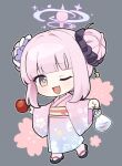  1girl blue_archive blush candy_apple double_bun flower food full_body grey_background hair_bun hair_flower hair_ornament halo holding holding_food japanese_clothes kimono long_hair long_sleeves marimo_jh mika_(blue_archive) obi one_eye_closed open_mouth pink_hair pink_halo pink_kimono purple_flower sandals sash simple_background smile socks solo white_socks wide_sleeves yellow_eyes zouri 