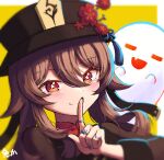  1girl boo_tao_(genshin_impact) border brown_coat brown_eyes brown_hair brown_hat closed_mouth coat commentary_request finger_to_mouth flower flower-shaped_pupils genshin_impact hair_between_eyes hat hat_flower hu_tao_(genshin_impact) index_finger_raised jewelry long_sleeves multiple_rings open_mouth outside_border porkpie_hat ring ryan_(ritenichi) signature simple_background smile symbol-shaped_pupils upper_body white_border yellow_background 