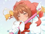  1girl antenna_hair blush bow bowtie brown_hair cardcaptor_sakura closed_eyes dress feng_(feng_efu) fuuin_no_tsue gloves holding holding_wand kero_(cardcaptor_sakura) kinomoto_sakura magical_girl pink_hat short_hair smile solo upper_body wand white_gloves 