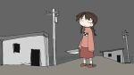  1girl braid brown_hair closed_eyes full_body grey_sky highres holding holding_knife house kitchen_knife knife long_hair long_sleeves madotsuki outdoors pink_sweater red_footwear red_skirt shoes skirt sky socks solo standing sweater tsukumizu_yuu twin_braids utility_pole white_socks yume_nikki 