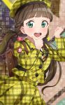  1girl absurdres backpack bag beginners_rock!! beret blunt_bangs blush brown_bag brown_hair clenched_hand commentary_request green_eyes hand_on_own_chin hand_up hat highres jacket kyaku_tatsu long_hair long_sleeves looking_at_viewer love_live! love_live!_superstar!! open_mouth plaid plaid_headwear plaid_jacket plaid_skirt sakurakoji_kinako skirt solo song_name standing stroking_own_chin teeth twintails upper_body upper_teeth_only yellow_hat yellow_jacket yellow_skirt 