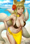  animal_ears ariverkao beach bikini black_bikini blonde_hair blue_sky breasts choker dated day flower fox_ears fox_tail hair_flower hair_ornament hands_on_hips large_breasts leaning_forward lips long_hair looking_at_viewer multiple_tails original parted_lips sarong signature sky solo swimsuit tail water yellow_eyes 