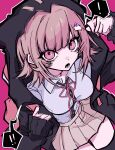  ! !! 1girl :o absurdres black_jacket black_thighhighs breasts brown_hair brown_skirt danganronpa_(series) danganronpa_2:_goodbye_despair highres hood hood_up hooded_jacket jacket lower_teeth_only medium_breasts medium_hair miniskirt nanami_chiaki open_clothes open_jacket pink_background pink_eyes pleated_skirt poa_poa05 simple_background skirt solo spaceship_hair_ornament speech_bubble teeth thighhighs zettai_ryouiki 