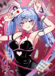  1girl :q absurdres ace_(playing_card) ace_of_hearts animal_ears bare_shoulders black_leotard blurry blurry_foreground blush bow bowtie breasts card cleavage clothing_cutout cross3120 cutout_above_navel detached_collar fake_animal_ears fishnet_pantyhose fishnets hair_ornament hairband hatsune_miku heart heart_cutout heart_hair_ornament heart_in_eye highres holding holding_card leotard medium_breasts motion_blur necktie pantyhose pink_background pink_bow pink_bowtie pink_necktie pink_ribbon playboy_bunny playing_card rabbit_ears rabbit_hair_ornament rabbit_hole_(vocaloid) ribbon solo spaghetti_strap symbol_in_eye tongue tongue_out vocaloid white_hairband 