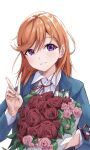  1girl blue_jacket bouquet collared_shirt commentary_request flower highres holding holding_bouquet jacket long_sleeves looking_at_viewer love_live! love_live!_superstar!! medium_hair natsume_ch neck_ribbon orange_hair parted_lips pink_flower pink_rose purple_eyes red_flower red_ribbon red_rose ribbon rose school_uniform shibuya_kanon shirt smile solo upper_body v white_background white_shirt winter_uniform yuigaoka_school_uniform 