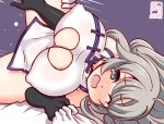  1girl ahoge artist_logo black_gloves blush breasts china_dress chinese_clothes dated dress elbow_gloves gloves grey_eyes grey_hair hetero kanon_(kurogane_knights) kantai_collection large_breasts long_hair lying one-hour_drawing_challenge one_eye_closed open_mouth purple_background sex washington_(kancolle) white_dress 
