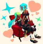  2girls absurdres blue_hair closed_mouth colored_tips commentary commission dark-skinned_female dark_skin english_commentary green_eyes green_hair heart highres inkling inkling_girl inkling_player_character long_hair medium_hair multicolored_hair multiple_girls on_chair one_eye_closed pointy_ears simple_background sitting sitting_on_lap sitting_on_person smile sparkle splatoon_(series) tentacle_hair thick_eyebrows tokkibada two-tone_hair watermark white_background yuri 