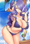  alcohol alternate_costume arched_back ass bare_shoulders beach bikini bracelet breasts camilla_(fire_emblem_if) cleavage collarbone commentary cup curvy day drinking_glass english_commentary fire_emblem fire_emblem_heroes fire_emblem_if flower hair_flower hair_ornament hair_over_one_eye holding holding_cup jewelry large_breasts leaning_forward lips long_hair nail_polish navel ocean outdoors pink_lips purple_bikini purple_eyes purple_hair purple_nails revolverwing seductive_smile sidelocks sky smile standing swimsuit thighs water wavy_hair 