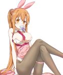  animal_ears asuna_(sao) bad_id bad_pixiv_id blush breasts brown_eyes brown_hair buttons card collar covered_mouth crossed_legs highres large_breasts long_hair necktie pantyhose playing_card ponytail rabbit_ears raised_eyebrow simple_background sitting sword_art_online wqn0930 wrist_cuffs 
