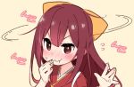  blush bow commentary ears_visible_through_hair eating eyebrows_visible_through_hair fingers_to_mouth food food_on_face food_on_finger hair_bow kamikaze_(kantai_collection) kantai_collection long_hair looking_at_viewer nose_blush red_eyes red_hair rice rice_on_face simple_background solo upper_body yoru_nai 