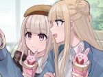 2girls aoki_shizumi blonde_hair blue_eyes blue_jacket brown_hair character_request closed_mouth collared_shirt commentary crepe d4dj day food food_on_face fukushima_noa grey_eyes hair_bun hand_on_another&#039;s_arm highres holding holding_food holding_phone jacket light_brown_hair long_hair multiple_girls open_mouth outdoors phone shirt smile white_shirt 