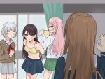  4girls anger_vein bang_dream! bang_dream!_it&#039;s_mygo!!!!! blue_shirt blue_skirt blush bra breasts brown_hair brown_shirt chihaya_anon cleavage collarbone commentary_request curtains danshi_koukousei_no_nichijou dressing empty_eyes fang green_necktie green_skirt grey_eyes grey_skirt hanasakigawa_school_uniform haneoka_school_uniform highres holding holding_clothes holding_panties holding_underwear indoors kaname_raana long_hair long_sleeves mole mole_under_eye multiple_girls nagasaki_soyo nanami_(nunnun_0410) navel neckerchief necktie nervous_sweating no_pupils no_shirt panties parted_lips pink_hair pleated_skirt purple_eyes red_neckerchief sailor_collar school_uniform serafuku shiina_taki shirt sidelocks skin_fang skirt small_breasts stomach sweat tsukinomori_school_uniform underwear unworn_panties white_hair white_sailor_collar white_shirt yellow_bra yellow_panties 