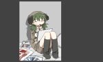  1girl animal_costume animal_hood black_socks closed_eyes crayon full_body green_hair highres holding hood hood_up knees_up long_sleeves low_twintails mouth_hold no_shoes shimeji_simulation sitting sketchbook socks solo sumida_(shimeji_simulation) tsukumizu_yuu twintails 