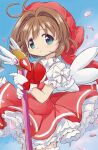  1girl absurdres aoki_ume_(style) blue_eyes blue_sky blush brown_hair cardcaptor_sakura dress expressionless fuuin_no_tsue gloves hat highres hitode holding holding_wand kinomoto_sakura looking_at_viewer magical_girl petals sky solo wand white_gloves 